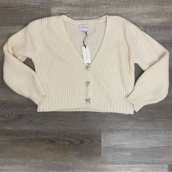 Pink Rose Crop Cream Cardigan Sweater w. Rhinestone Bow Buttons Women’s-Size L - Picture 1 of 4